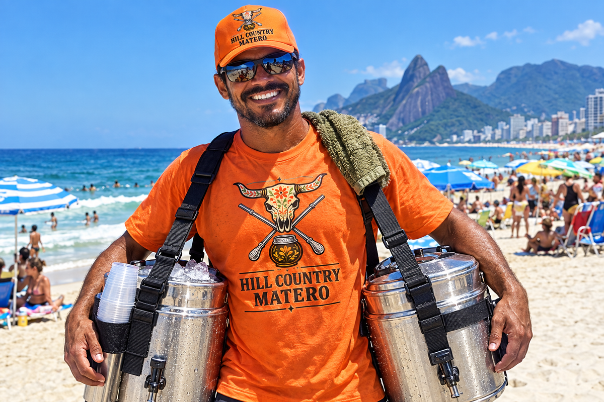 Chá mate gelado beach vendor wearing Hill Country Matero branding