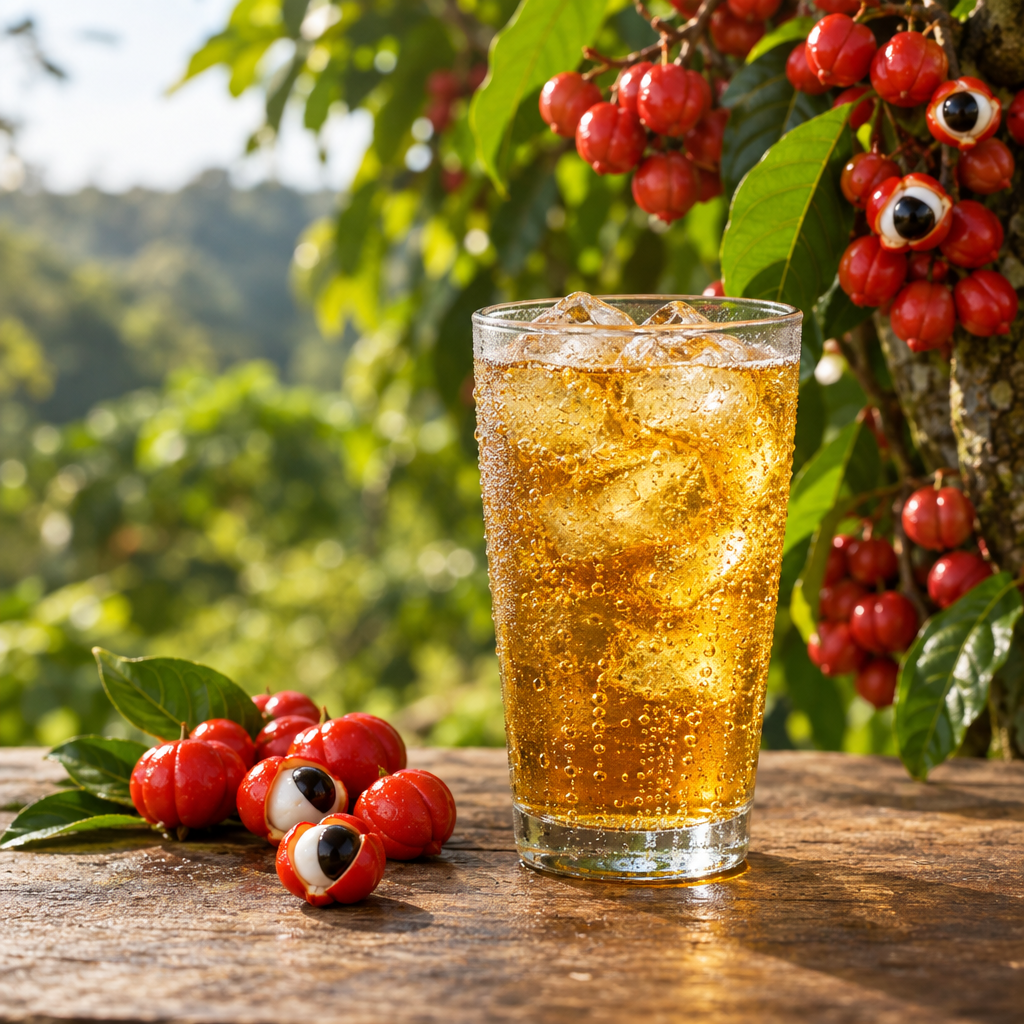 Glass of golden sparkling guaraná soda beside red guaraná fruit on a leafy vine