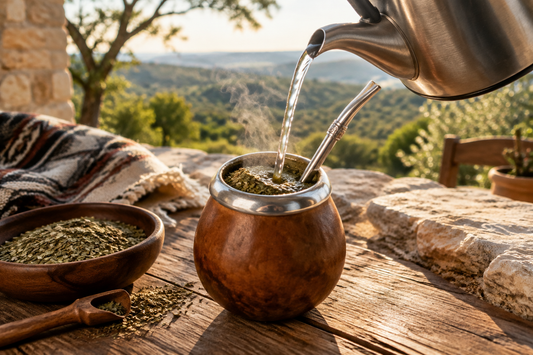 Traditional mate gourd with yerba, bombilla, and warm water in a rustic setting