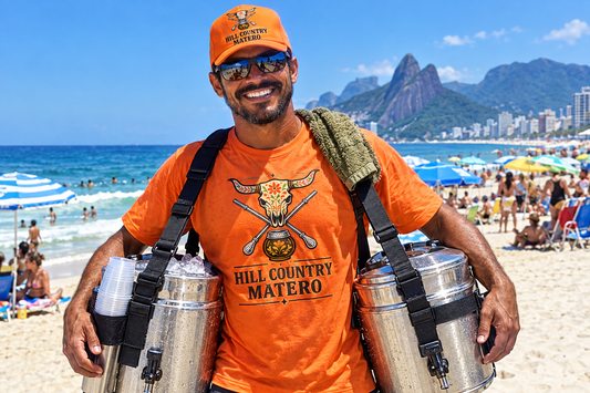 Chá mate gelado beach vendor wearing Hill Country Matero branding