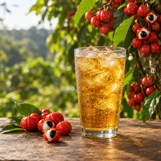 Glass of golden sparkling guaraná soda beside red guaraná fruit on a leafy vine