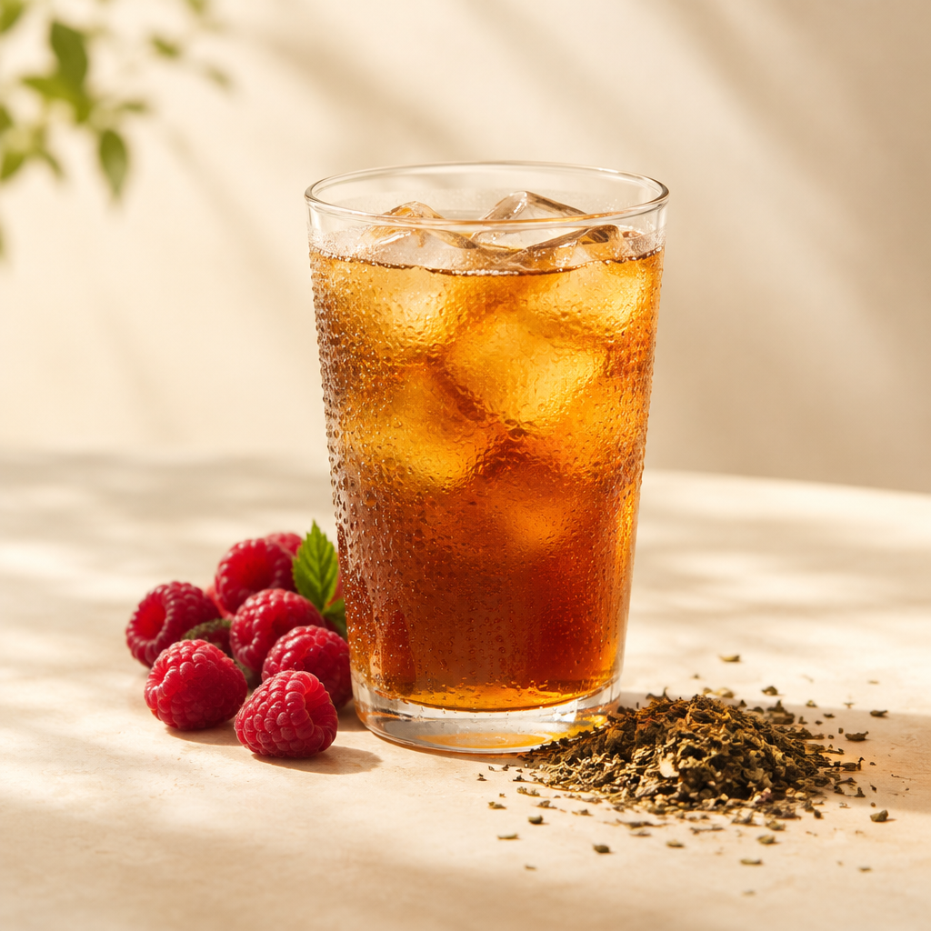Iced chá mate with toasted yerba mate leaves and raspberries